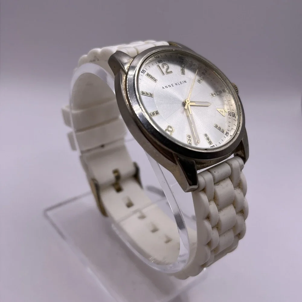 Anne Klein Women's Silver Tone Round Dial White‎ Silicone Band- New Battery!